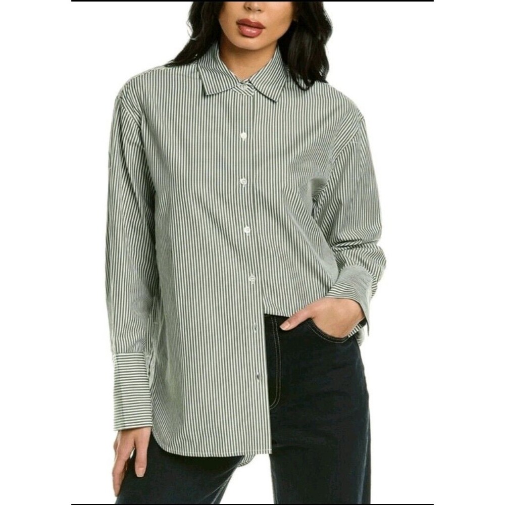 Rebecca Taylor Yarn Dye Stripe Cotton Button-up Shirt Green Preppy Oversized S